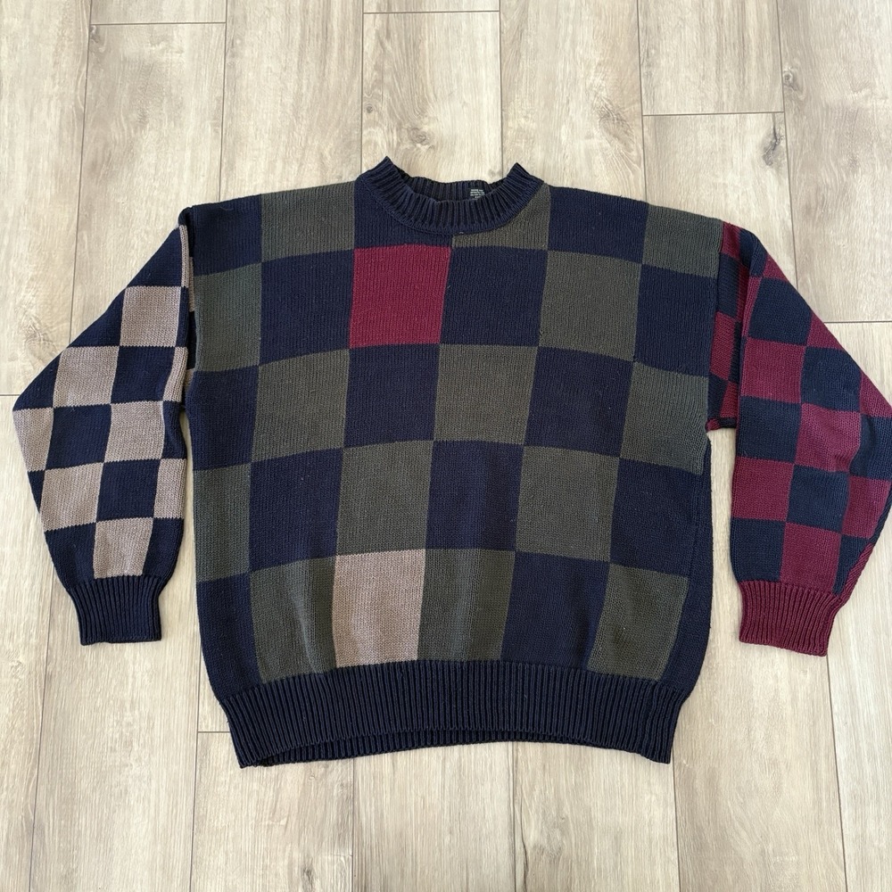 Vintage 90s Structure Checkered Square Crewneck Pullover Sweater Men's Large